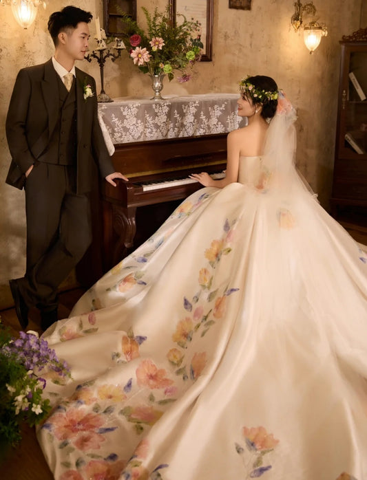 Chic Strapless A-Line Long Wedding Dresses Satin Flowers White Bridal Gowns Sleeveless Bridal Dresses DP04311