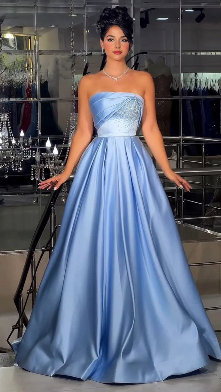 Blue Strapless A-Line Long Prom Dresses Chic Satin Sleeveles Evening Dresses Blue Birthday Dresses DP04321