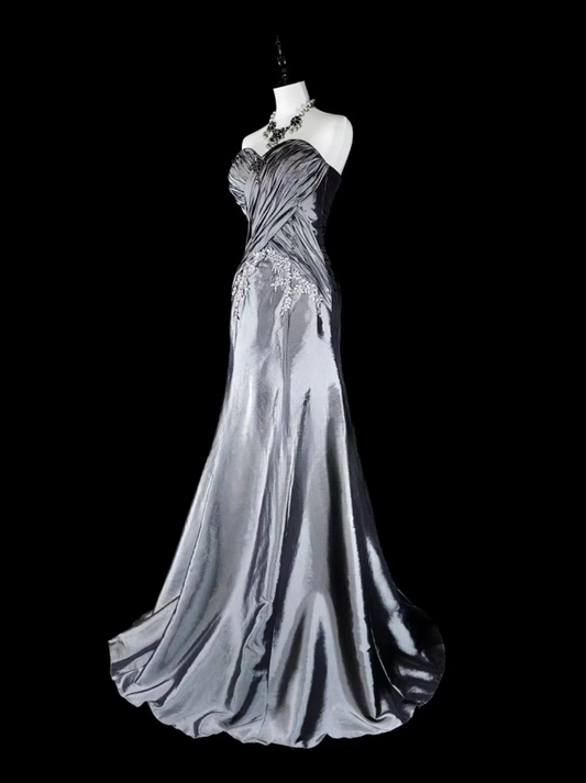 Silver Sheath Long Prom Dresses Chic Satin Sleeveless Evening Dresses  Strapless Birthday Dresses DP04325
