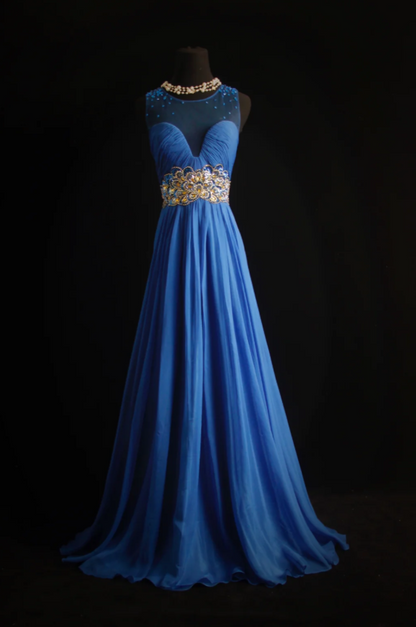 Blue A-Line Long Prom Dresses Glam Beaded Chiffon Sleeveless Evening Dresses Blue Mother of Bride Dresses DP04331