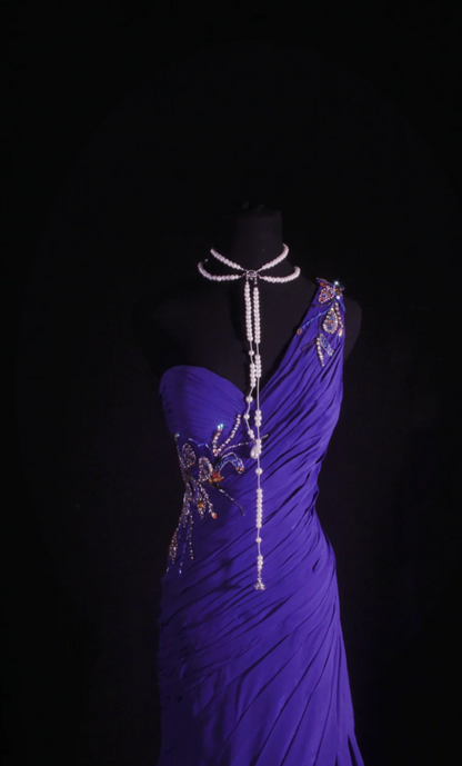 Puprle Sheath Long Prom Dresses Glam Beaded Chiffon Sleeveless Evening Dresses Purple Mother of Bride Dresses DP04332