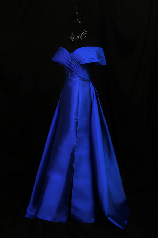 Blue Off-shoulder A-Line Long Prom Dresses Glam Satin Sleeveless Evening Dresses Blue Mother of Bride Dresses DP04333