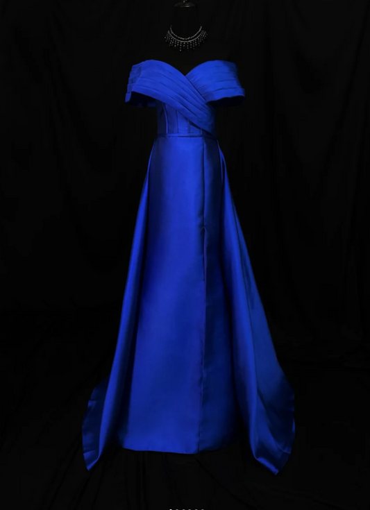 Blue Off-shoulder A-Line Long Prom Dresses Glam Satin Sleeveless Evening Dresses Blue Mother of Bride Dresses DP04333