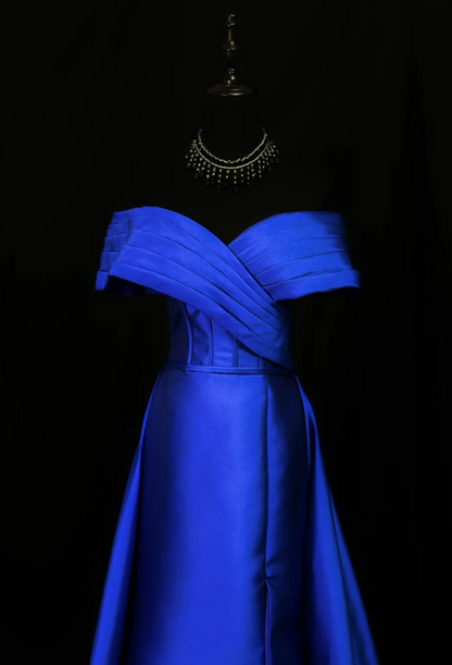 Blue Off-shoulder A-Line Long Prom Dresses Glam Satin Sleeveless Evening Dresses Blue Mother of Bride Dresses DP04333