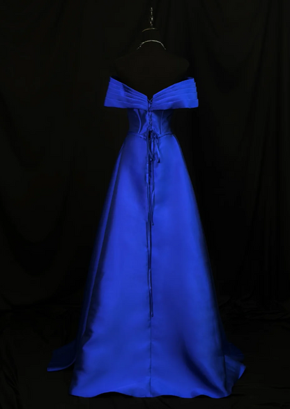 Blue Off-shoulder A-Line Long Prom Dresses Glam Satin Sleeveless Evening Dresses Blue Mother of Bride Dresses DP04333