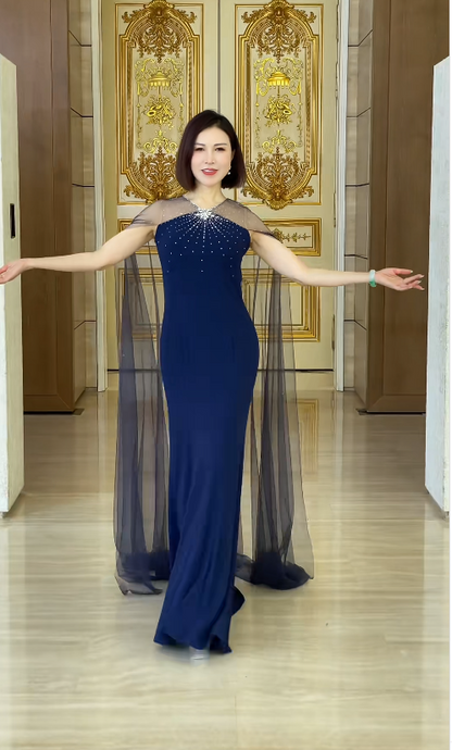 Navy Blue Sheath Long Prom Dresses Glam Chiffon Sleeveless Evening Dresses Navy Blue Mother of Bride Dresses DP04334