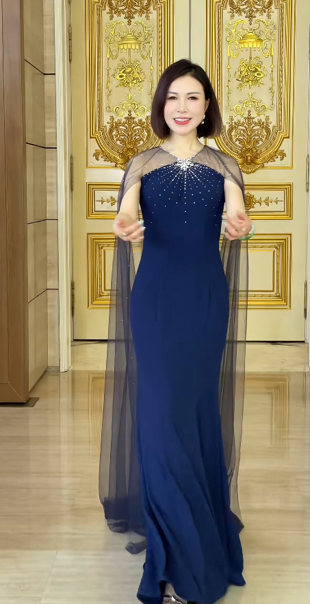 Navy Blue Sheath Long Prom Dresses Glam Chiffon Sleeveless Evening Dresses Navy Blue Mother of Bride Dresses DP04334