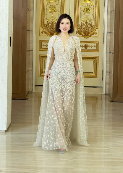 Light Champagne Sheath Long Prom Dresses Glam Tulle  Evening Dresses V-neck Mother of Bride Dresses DP04337