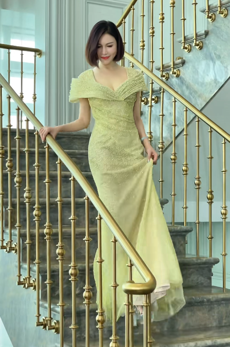 Green Sheath Long Prom Dresses Glam Tulle Evening Dresses Cup Sleeves Mother of Bride Dresses DP04338