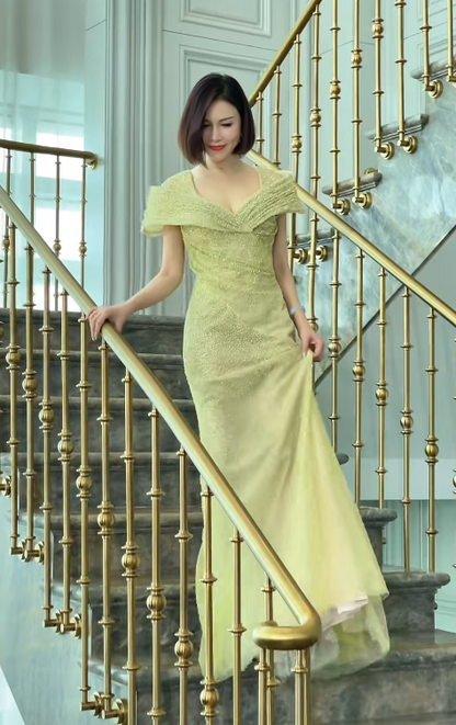 Green Sheath Long Prom Dresses Glam Tulle Evening Dresses Cup Sleeves Mother of Bride Dresses DP04338