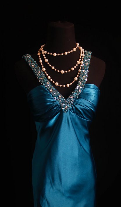 Teal Sheath Long Prom Dresses Glam Beaded Satin Evening Dresses Sleeveless Mother of Bride Dresses DP04339