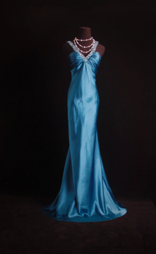 Teal Sheath Long Prom Dresses Glam Beaded Satin Evening Dresses Sleeveless Mother of Bride Dresses DP04339
