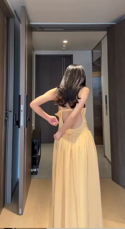 Sexy Yellow A-Line Long Prom Dresses Satin Spaghetti Straps Evening Dresses Backless Party Dresses DP04348