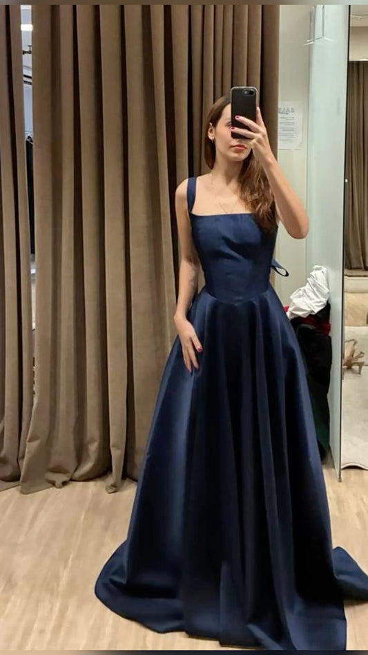 Simple Navy Blue A-Line Long Prom Dresses Spaghetti Straps Satin Bridesmaid Dresses DP04357