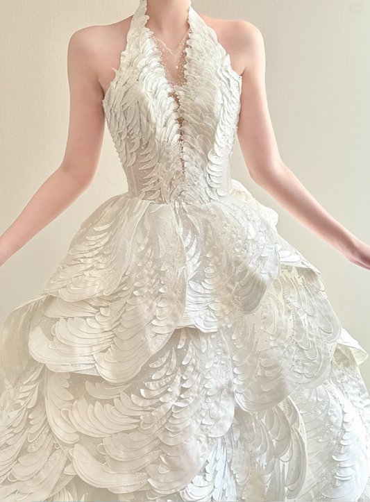 Elegant Halter A-Line Long Wedding Dresses Tulle White Bridal Gown Sleeveless Bridal Gowns DP04361