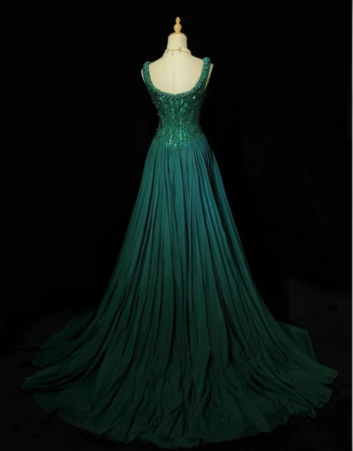 Hunter Green Fairy A-Line Long Prom Dresses Tulle Beaded Birthday Dresses Sleeveless Evening Dresses  DP04381