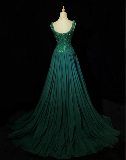 Hunter Green Fairy A-Line Long Prom Dresses Tulle Beaded Birthday Dresses Sleeveless Evening Dresses  DP04381