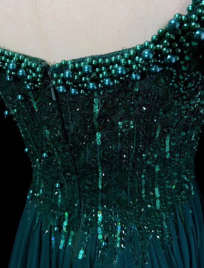 Hunter Green Fairy A-Line Long Prom Dresses Tulle Beaded Birthday Dresses Sleeveless Evening Dresses  DP04381