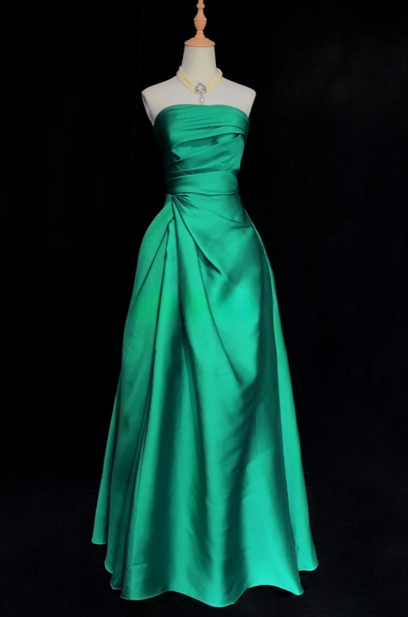 Green Fairy A-Line Long Prom Dresses Satin Strapless Bridesmaid Dresses  DP04382