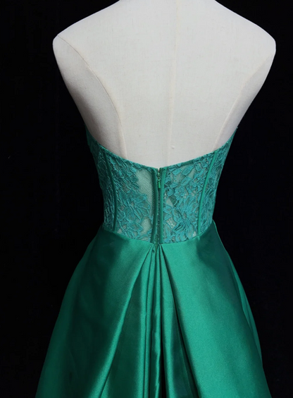 Green Fairy A-Line Long Prom Dresses Satin Strapless Bridesmaid Dresses  DP04382