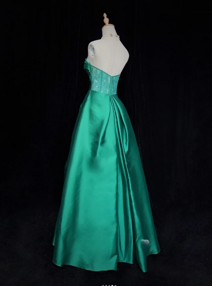Green Fairy A-Line Long Prom Dresses Satin Strapless Bridesmaid Dresses  DP04382