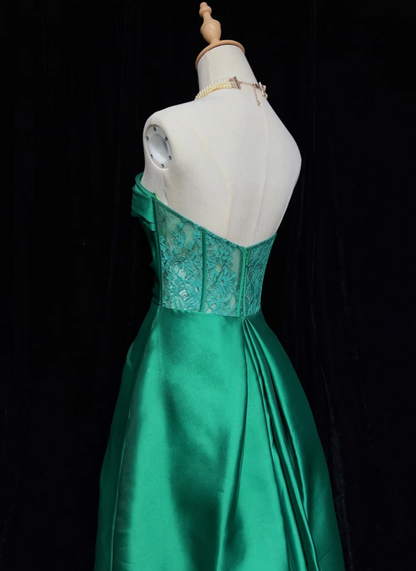 Green Fairy A-Line Long Prom Dresses Satin Strapless Bridesmaid Dresses  DP04382