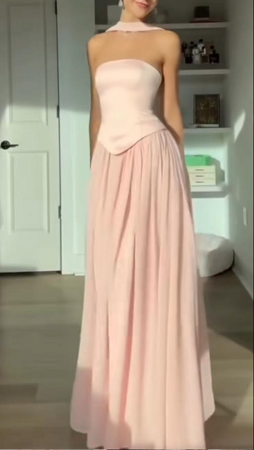 Pink Elegant Sheath Long Prom Dresses Satin Chiffon Strapless Evening Dresses Sleeveless Bridesmaid Dresses DP04385