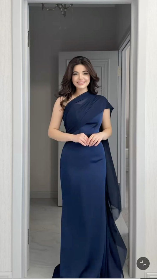 Navy Blue Sexy Sheath Long Prom Dresses Satin One-shoulder Evening Dresses Sleeveless Birthday Dresses DP04396