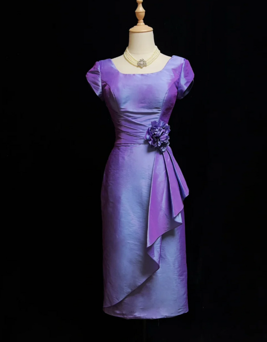Glam Purple Sheath Short Evening Dresses Satin Short Sleeves Mother of Bride Dresses DP04401