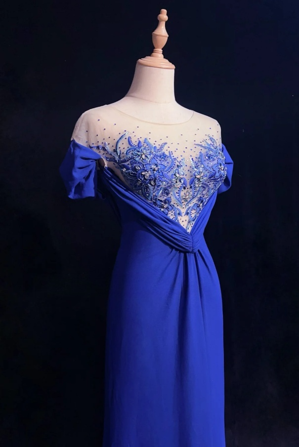 Glam Blue Sheath Long Evening Dresses Chiffon Short Sleeves Mother of Bride Dresses DP04402