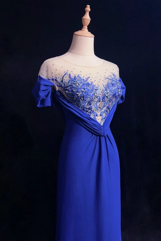 Glam Blue Sheath Long Evening Dresses Chiffon Short Sleeves Mother of Bride Dresses DP04402