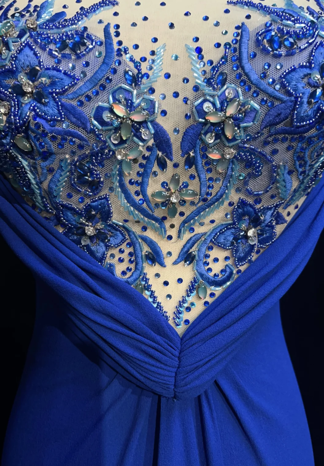 Glam Blue Sheath Long Evening Dresses Chiffon Short Sleeves Mother of Bride Dresses DP04402