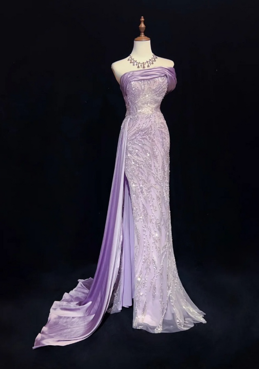 Glam Purple Sheath Long Evening Dresses Satin Beaded Sleeveless Mother of Bride Dresses DP04403