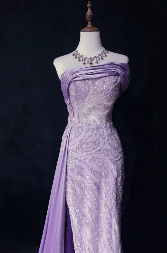 Glam Purple Sheath Long Evening Dresses Satin Beaded Sleeveless Mother of Bride Dresses DP04403