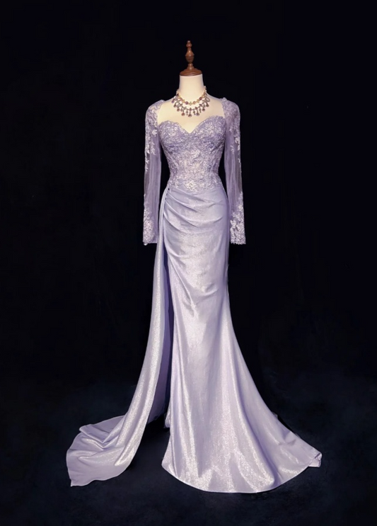 Glam Purple Sheath Long Evening Dresses Satin Appliques Long Sleeves Mother of Bride Dresses With Slits DP04404