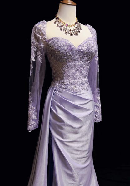 Glam Purple Sheath Long Evening Dresses Satin Appliques Long Sleeves Mother of Bride Dresses With Slits DP04404