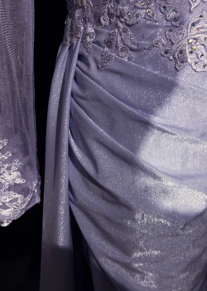 Glam Purple Sheath Long Evening Dresses Satin Appliques Long Sleeves Mother of Bride Dresses With Slits DP04404