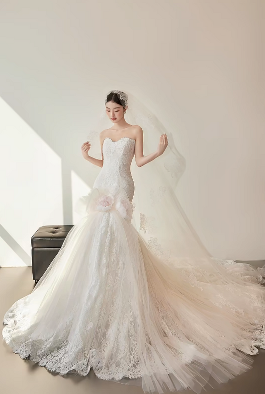 Simple Sweetheart Mermaid Long Wedding Dresses Lace White Bridal Gowns Sleeveless Bridal Dresses DP04412