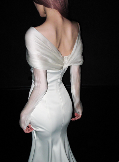 Timeless Mermaid Long Wedding Dresses Satin White Bridal Gowns Cup Sleeves Bridal Dresses DP04414