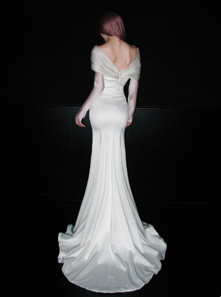 Timeless Mermaid Long Wedding Dresses Satin White Bridal Gowns Cup Sleeves Bridal Dresses DP04414