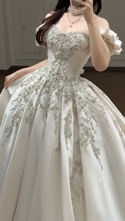 Timeless A-Line Long Wedding Dresses Satin Beaded Bridal Gowns Sleeves Bridal Dresses DP04416