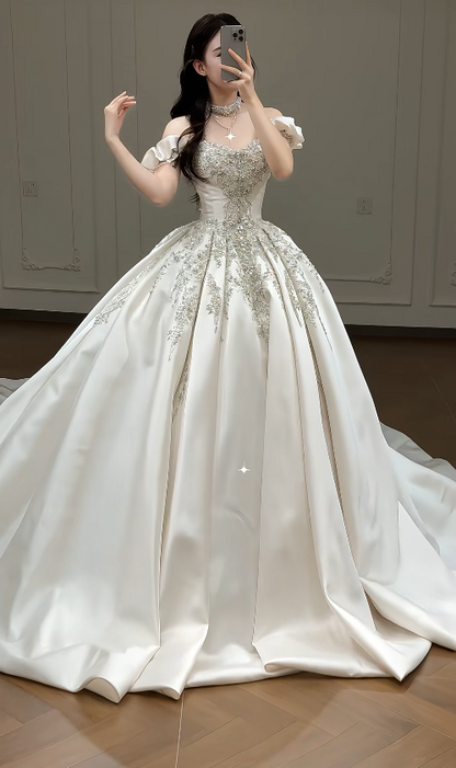 Timeless A-Line Long Wedding Dresses Satin Beaded Bridal Gowns Sleeves Bridal Dresses DP04416