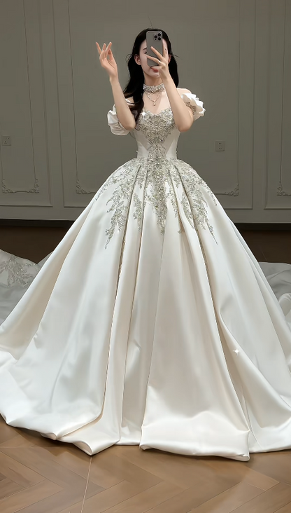 Timeless A-Line Long Wedding Dresses Satin Beaded Bridal Gowns Sleeves Bridal Dresses DP04416