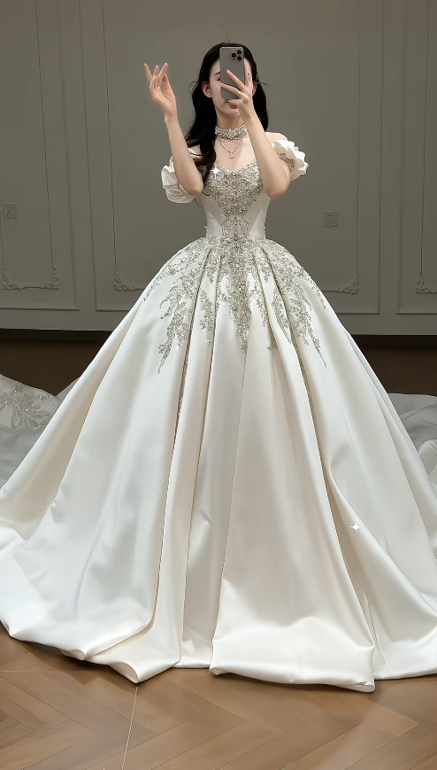 Timeless A-Line Long Wedding Dresses Satin Beaded Bridal Gowns Sleeves Bridal Dresses DP04416