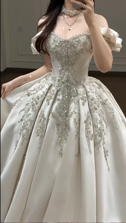 Timeless A-Line Long Wedding Dresses Satin Beaded Bridal Gowns Sleeves Bridal Dresses DP04416