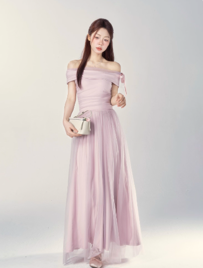 Chic Off-shoulder Birthday Dresses A-Line Pink Long Prom Dresses Tulle Sleevless Bridesmaid Dresses DP04418