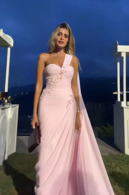 Chic One-shoulder Birthday Dresses Sheath Pink Long Prom Dresses Chiffon Sleevless Wedding Guest Dresses DP04421