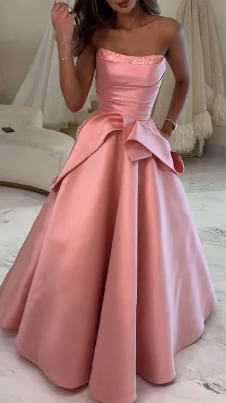 Chic Strapless Birthday Dresses A-Line Peach Long Prom Dresses Satin Sleevless Bridesmaid Dresses DP04422