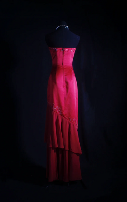 Elegant Sheath Red Long Prom Dresses Strapless Birthday Dresses Beaded Satin Sleevless Evening Dresses DP04427
