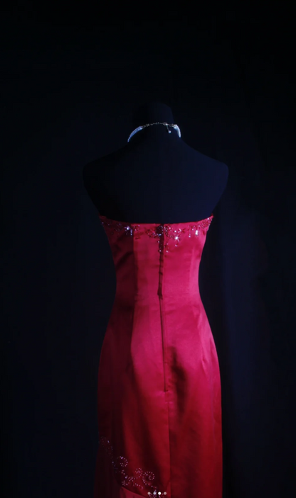 Elegant Sheath Red Long Prom Dresses Strapless Birthday Dresses Beaded Satin Sleevless Evening Dresses DP04427